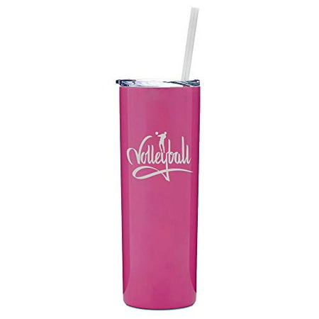 

20 oz Skinny Tall Tumbler Stainless Steel Vacuum Insulated Travel Mug With Straw Volleyball Calligraphy (Hot Pink)
