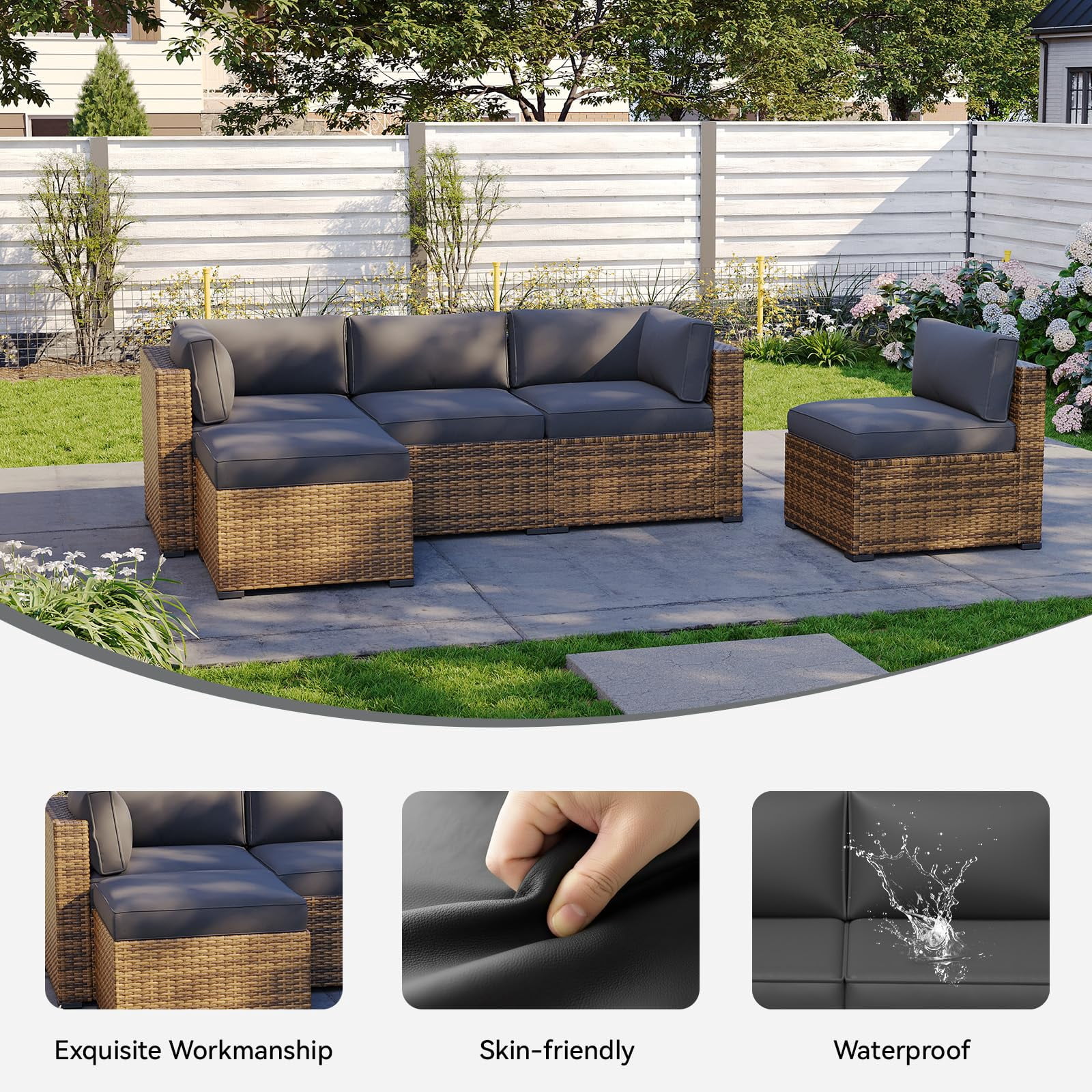 Clouddwell 11-Piece Outdoor Cushion Slipcovers Replacement for 5-Seat Wicker Sectional-Waterproof, Non-Slip Bottom (Dark Gray)