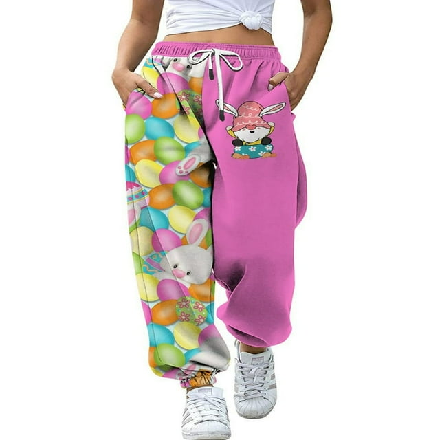 Pantalons de Survêtement Amples de Pâques pour Femmes Poches Taille Haute Imprimé Patchwork Sport Jogger