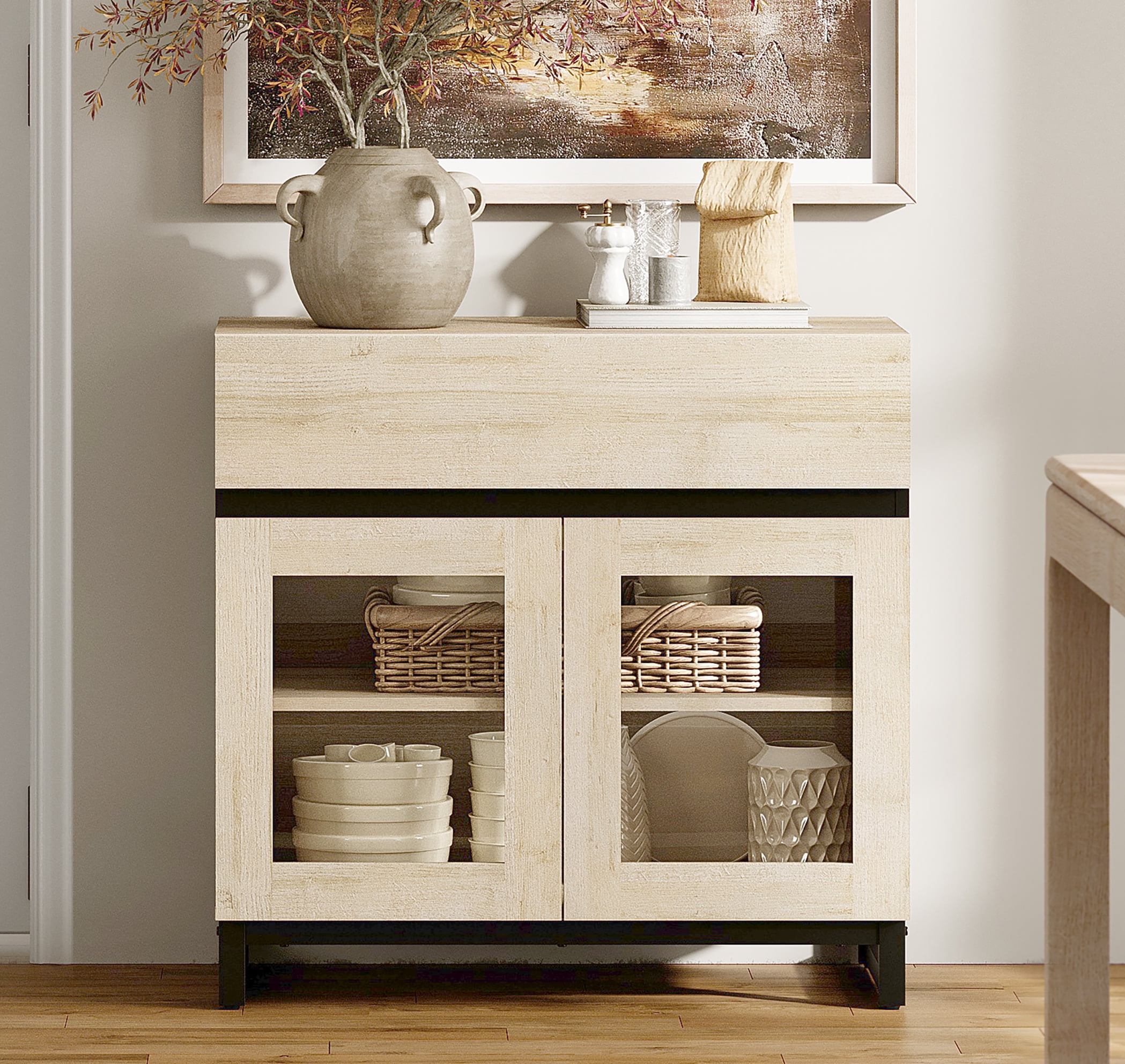 WAMPAT Modern Sideboard Buffet Cabinet with Glass Door & 1 Drawer, Adjustable Shelf Credenza, Coffee Bar Storage Cabinet for Living Room & Kitchen