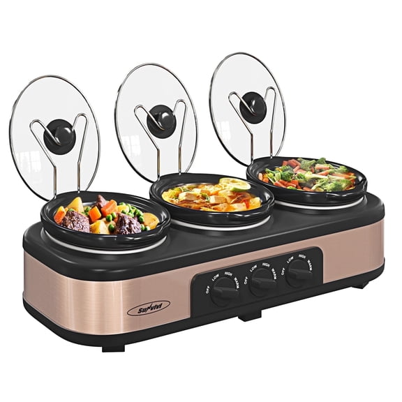 Sunvivi Triple Slow Cooker Buffet Servers and Warmer,3 Pot Food Small Mini Manual Slow Cooker with Adjustable Temp Stainless Steel Lid Rests,Removable Ceramic Pot,4.5 QT Brown