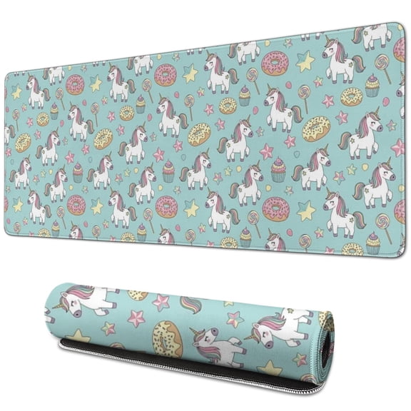 Long Mouse Pads for Desk,Light Blue Cartoon Unicorn Donut Lollipop Desk Mats on Top Of Desks, Desk Mouse Pad Extra Large with 3mm Non-Slip Base and Stitched Edge for Gaming,Work,Home 31.5"x11.8"