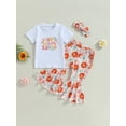 thumbnail image 2 of Wassery Toddle Girls Pants Set Short Sleeves Letters T-Shirt Tops+ Floral Bell-Bottoms Pants + Head Band 2 3 4 Year Girls Summer Birthdy Party Clothes Outfits, 2 of 8