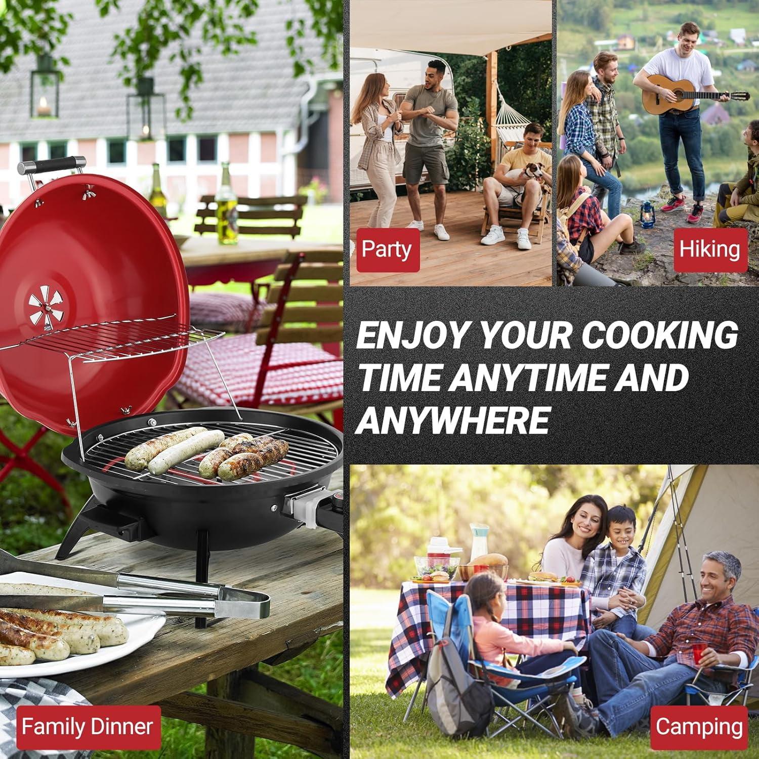 1600W Red Tabletop Electric Grill with Temperature Control, 304 Stainless Steel Grill w/Double Layer Design, Portable & Removable, Small Stove for Indoor and Outdoor Use
