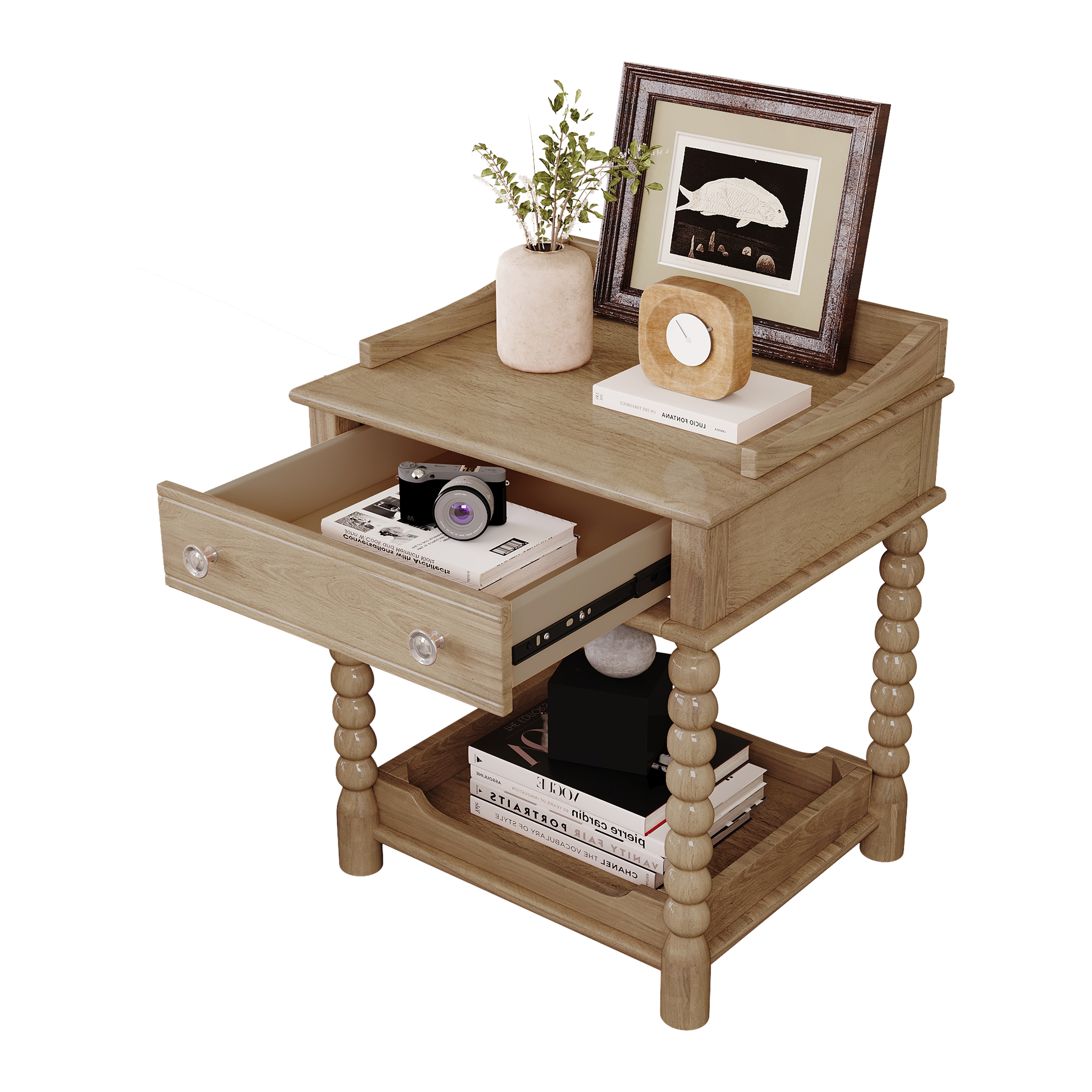Euroco Retro Nightstand with Storage Drawer, 20 Inch Wider Bedside Table with Bottom Shelf,2-Tier Wood End Table for Bedroom, Living Room, Closet,Natural