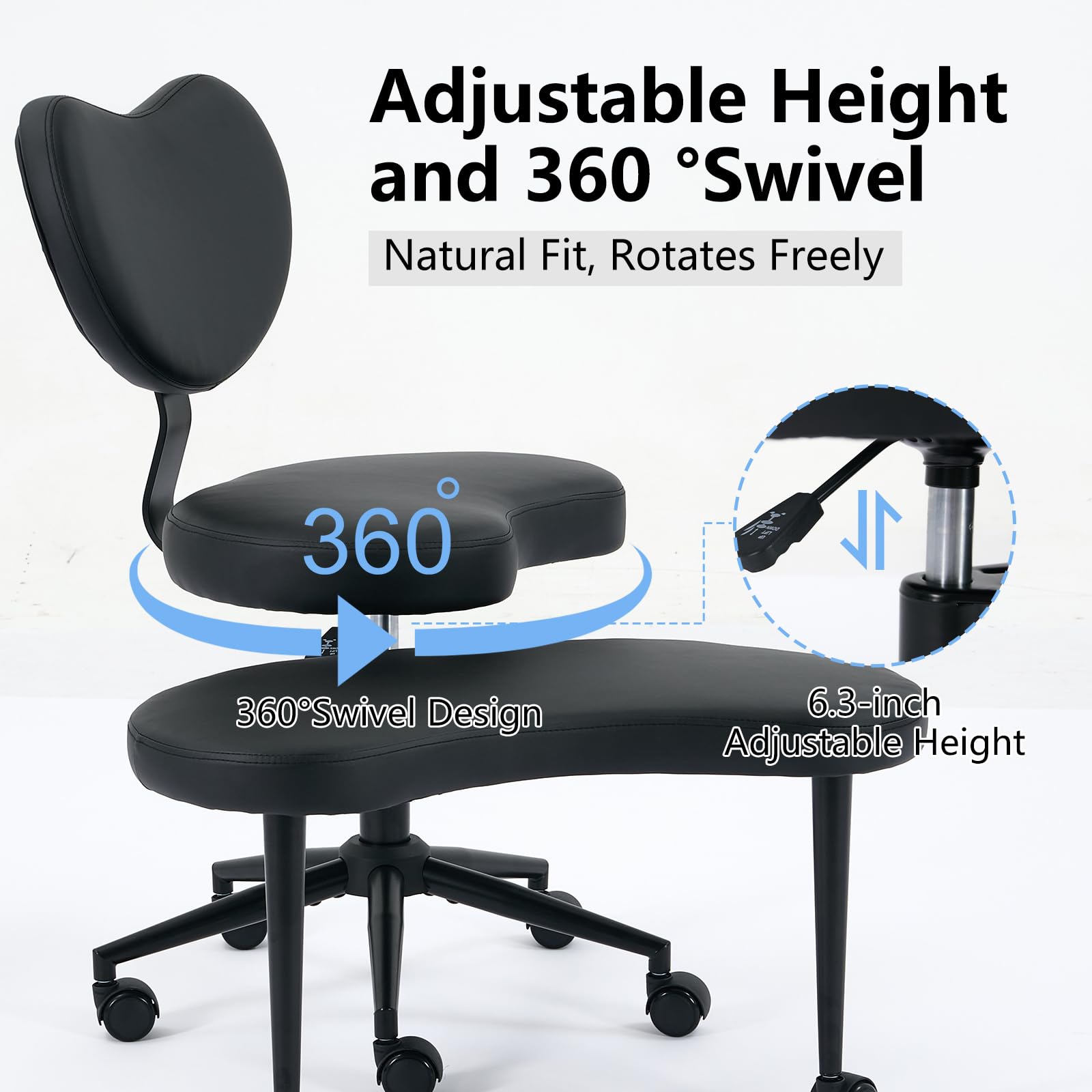 Pawverly Cross-Legged Meditation Chair with Wheels, Adjustable Height Yoga Office Chair with Lumbar Support, Ergonomic Criss Cross Desk Chair for Adults, Black PU Leather