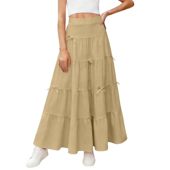 Children's Girls Summer Pleated Maxi Skirt Solid Color High Waist Elastic A-Line Boho Swing Long Skirt Beige 8-9 Years