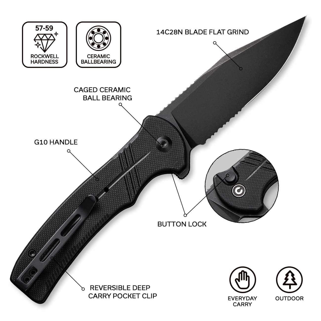 CIVIVI Cogent Button Lock C20038E-1 Knife 14C28N Serrated Stainless & Black G10 Pocket Knives