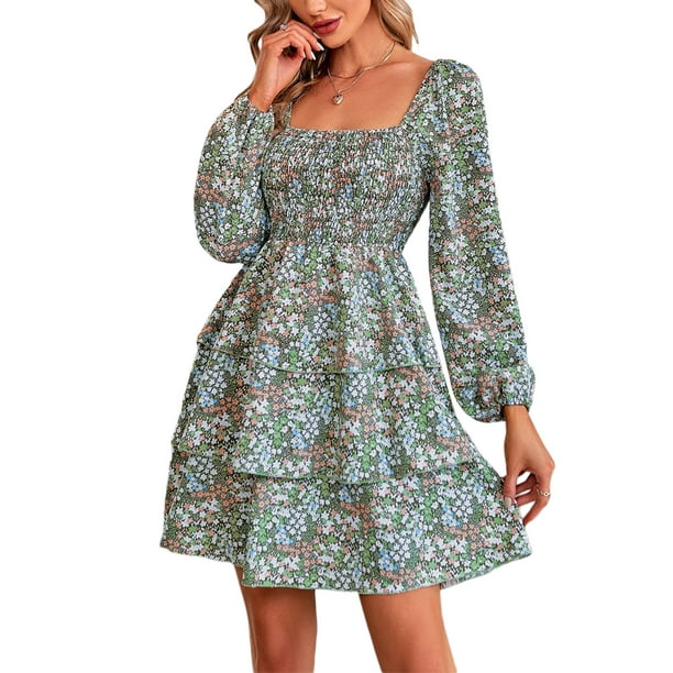 Lucakuins, minivestido de verano para mujer, estampado Floral, cuello cuadrado, manga larga, volantes, pastel, primavera otoño, vestido informal Lucakuins moda