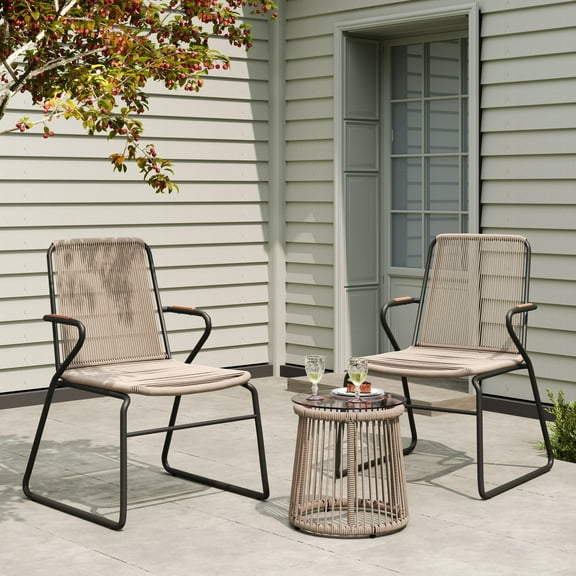 Christopher Knight Home 3-Piece Outdoor Patio Chat Set, Woven Rope Club Chairs & Tempered Glass Side Table, Light Brown