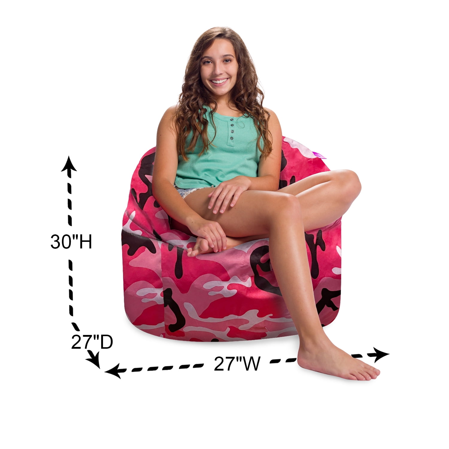 Posh Creations Structured Comfy Bean Bag Chair, Sonoma Lounge, Nylon - Camo Pink and Black
