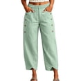 thumbnail image 2 of longantii Linen Pants Women Elastic Waist Side Button Capri Pants Cropped Boho Wide Leg Palazzo Pants Summer Beach Lounge Pant Capri Trousers with Pockets Green L, 2 of 7