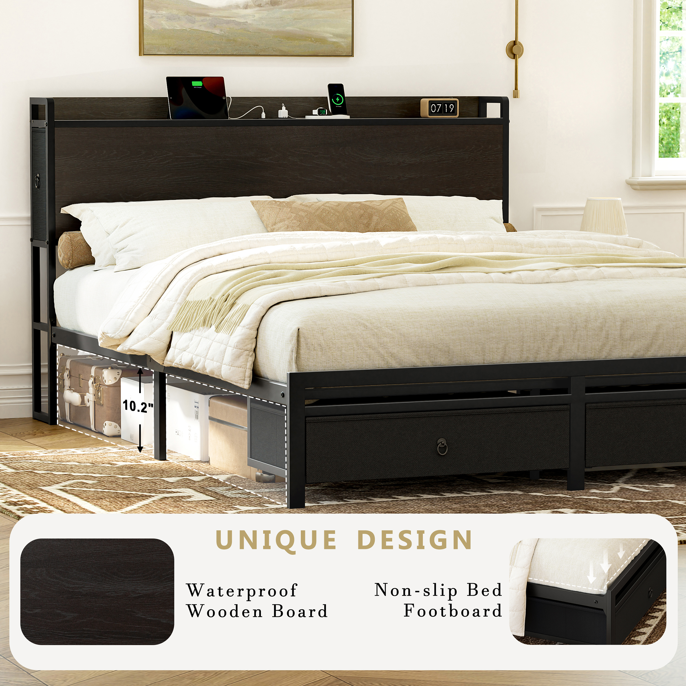 GUNAITO Queen Bed Frame with Storage Headboard Platform Bed with 2 Drawers Metal Bed with Charging Station, Dark Brown
