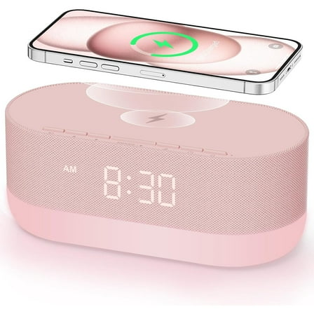 Sound Machine with Alarm Clock for Bedrooms, Dual Speakers, 21 HiFi Sounds, 10W Wireless Charger, Unlimited Sound, Bluetooth, 10 Night Light, White Noise Machine for Sleeping, Pink