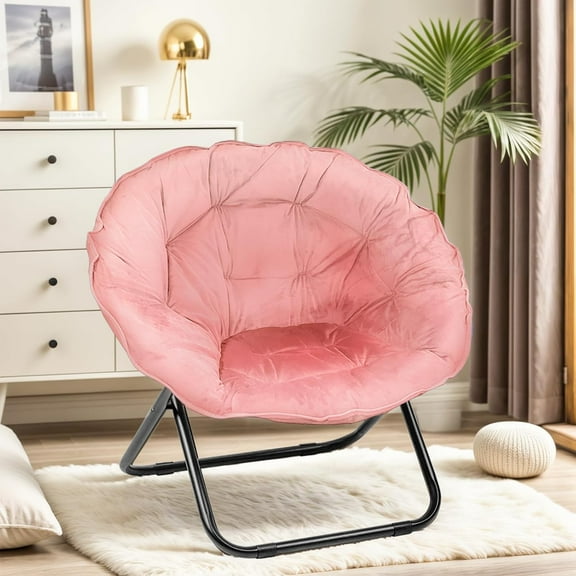 Folding Chair, Saucer Chair with Metal Frame, Comfy Moon Chairs for Bedroom, Living Rooms, Apartments, Camping, Lounging, Garden and Courtyard (Pink)