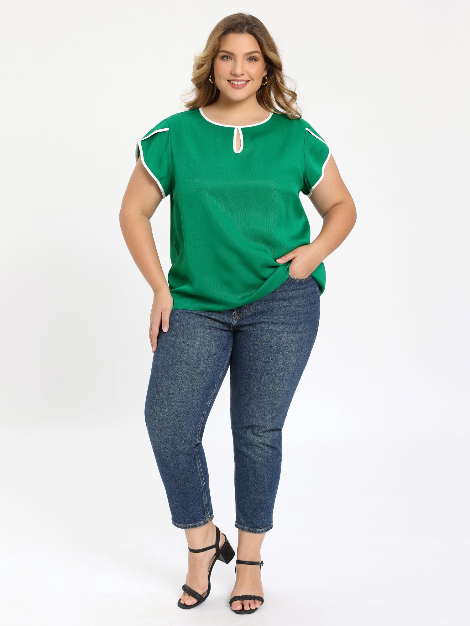 DARING DIVA Women's Plus Tops Keyhole Crew Neck Tulip Blouses 1X Green