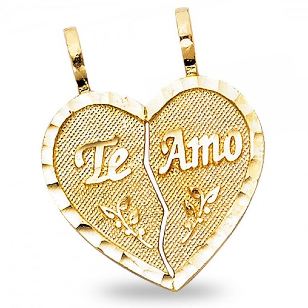 14K Yellow Gold SmallTe Amo Couple Broken Heart Charm Pendant For Necklace or Chain
