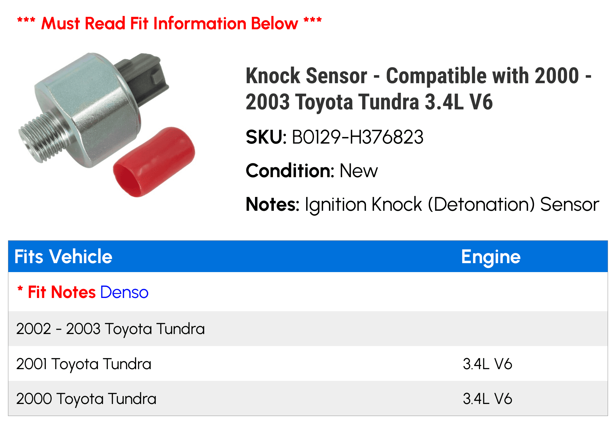 Knock Sensor - Compatible with 2000 - 2003 Toyota Tundra 3.4L V6 2001 2002