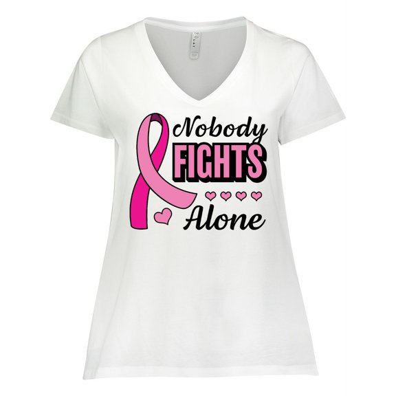 Inktastic Breast Cancer Awareness Nobody Fights Alone Pink Ribbon Women's Plus Size V-Neck T-Shirt