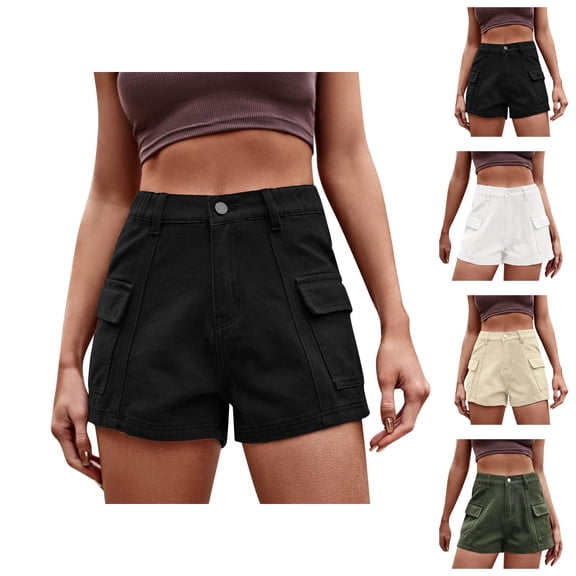 Cargo Jean Shorts for Women 2026 Summer Casual Elastic High Waist Denim Shorts with Pockets