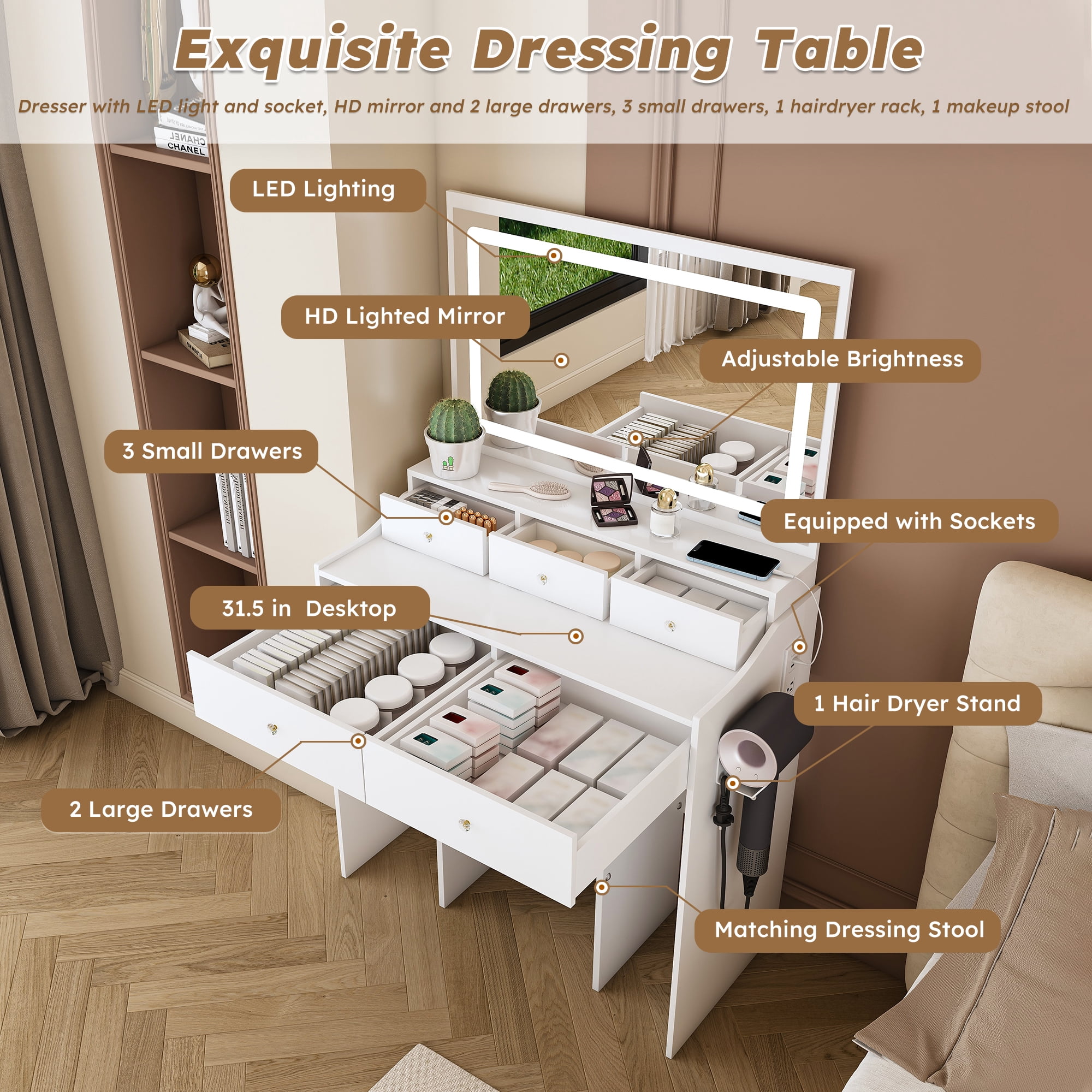 New Large Mirror Vanity Desk for Bed room , Modern Makeup Vanity Set with Power Outlet and Hair dryer holder, 5 Drawers, 3 Lighting Color Adjustable Dressing Table for Bedroom, White Color