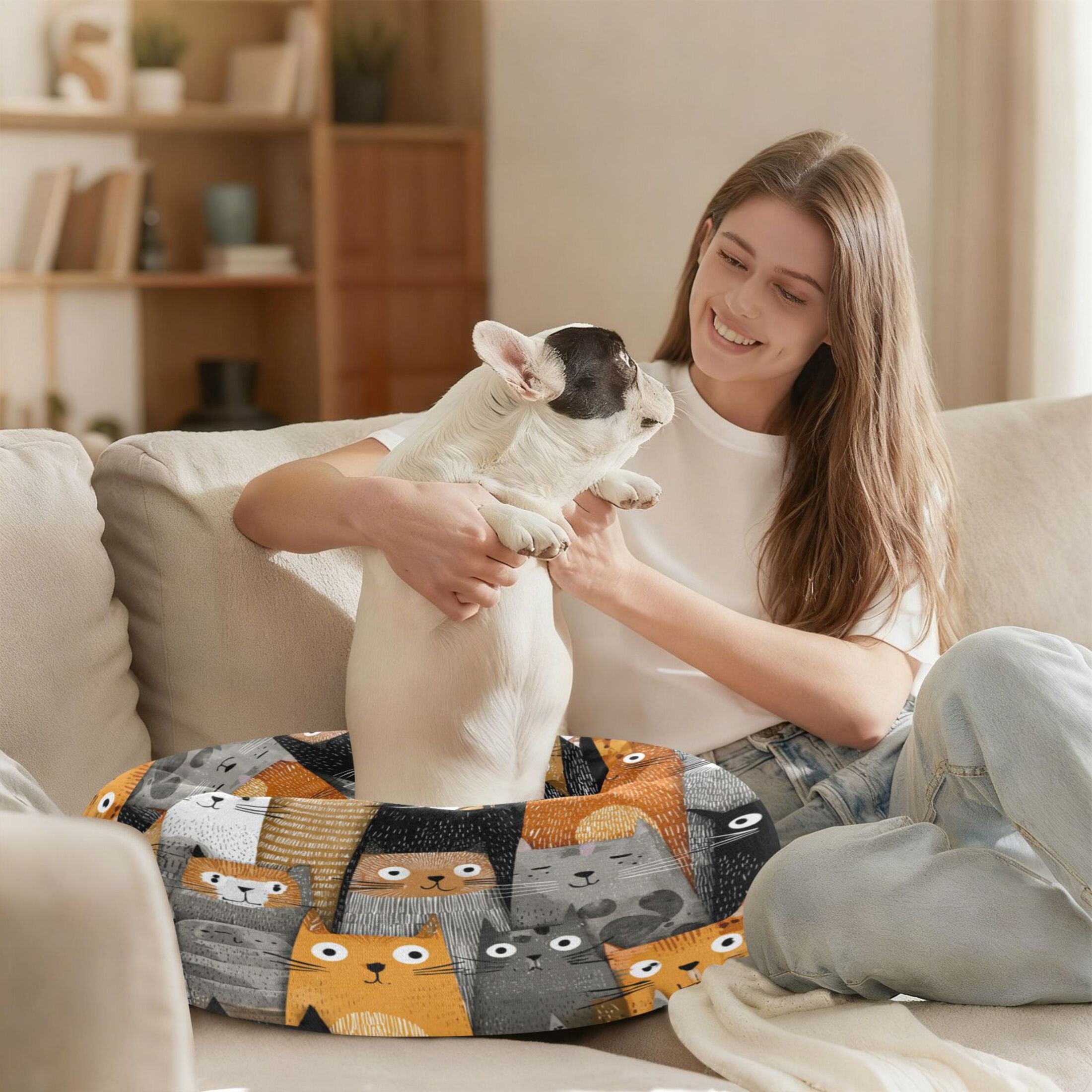 Iauyy Pet Couch Donut Cat Bed for Indoor Cats/Small Dogs Washable & Machine with Non-slip Bottom Calming Cat Furniture, Cartoon Illustration (XS)