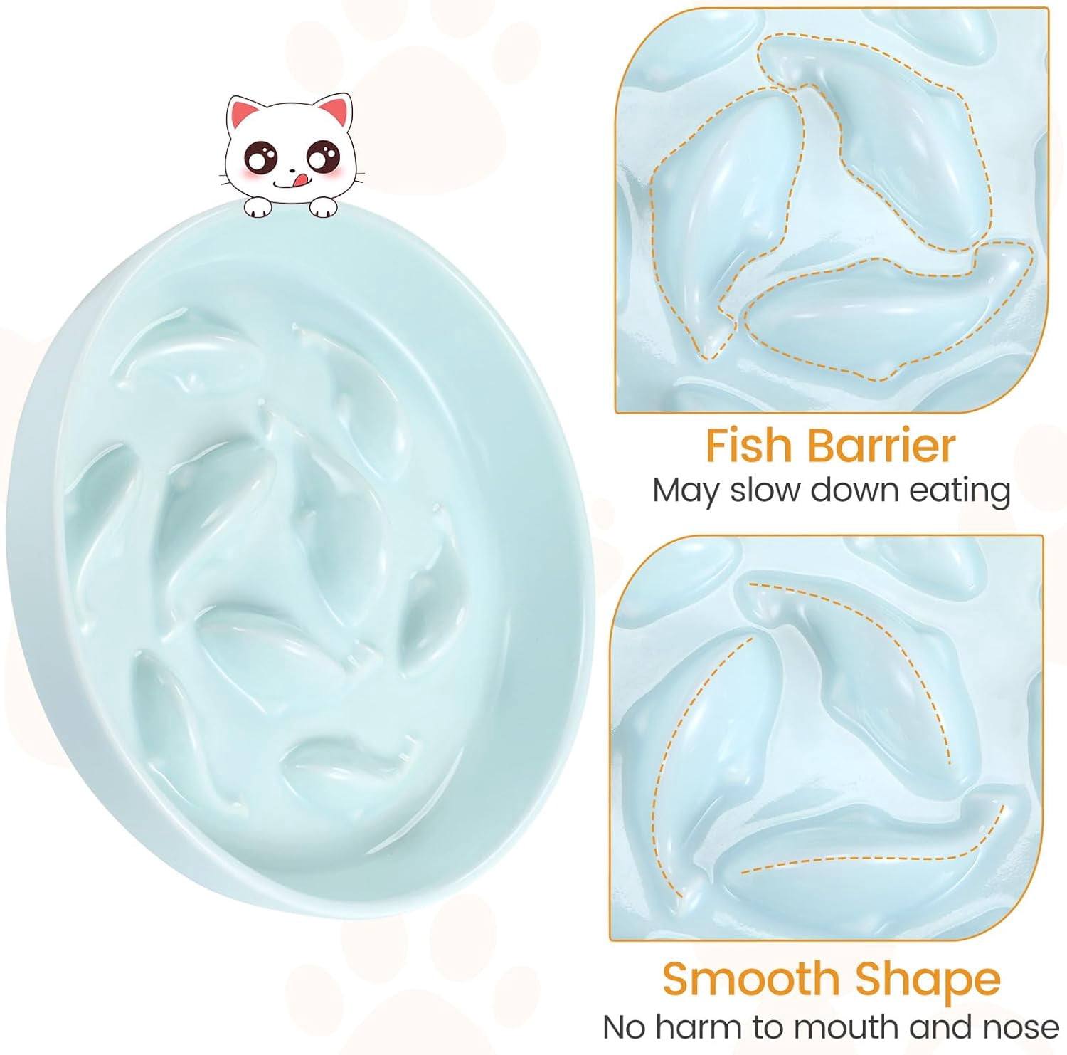 2PC Slow Feeder Cat Bowl with Stand, Ceramic Slow Eating Cat Bowl with Higher Edges Fish Pool Design Elevated Cats Food Bowls for Dry and Wet Food Anti-Vomiting Puzzle Feeder for Healthy Eating Diet