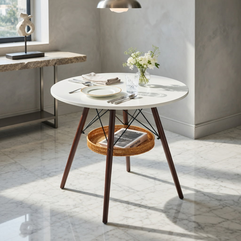 Hommoo 31.5" Round Dining Table with Walnut Solid Wood Legs, White MDF Vacuum-Formed Top & Under-Mount Woven Storage Basket, Modern Nordic Coffee Table for Small Spaces, White & Brown