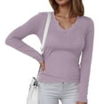 thumbnail image 2 of idosla Womens Long Sleeve Shirts V-Neck Rib Knit Slim Fit Tops Casual Stretch Basic Tee Going Out Top Fall Fashion 2025 (Light Purple, XXL), 2 of 6