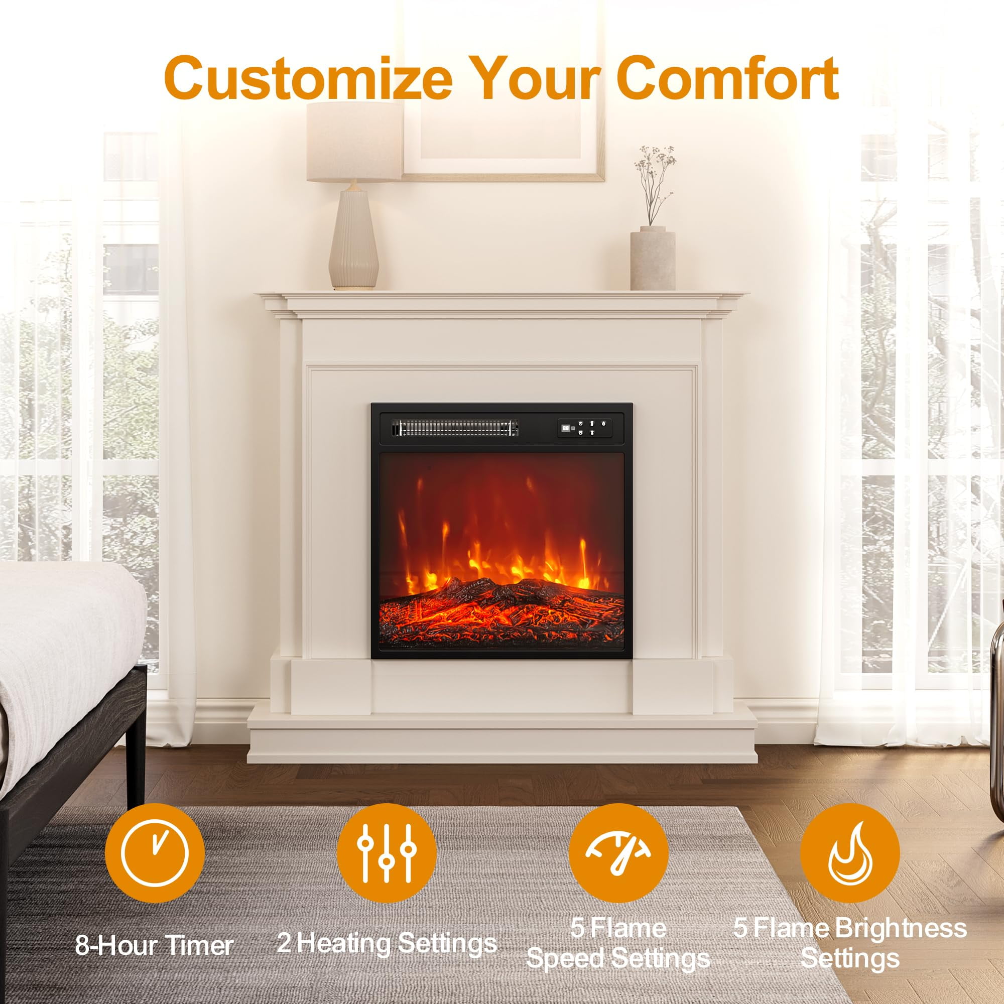 Heynemo 18'' Electric Fireplace Insert, Recessed Fireplace Heater - Main Image
