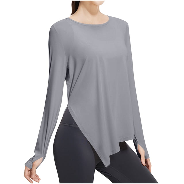Timegard Sun Shirts for Women Long Sleeve Round Neck Side Split Loose Comfy Workout Tee Outdoor Active