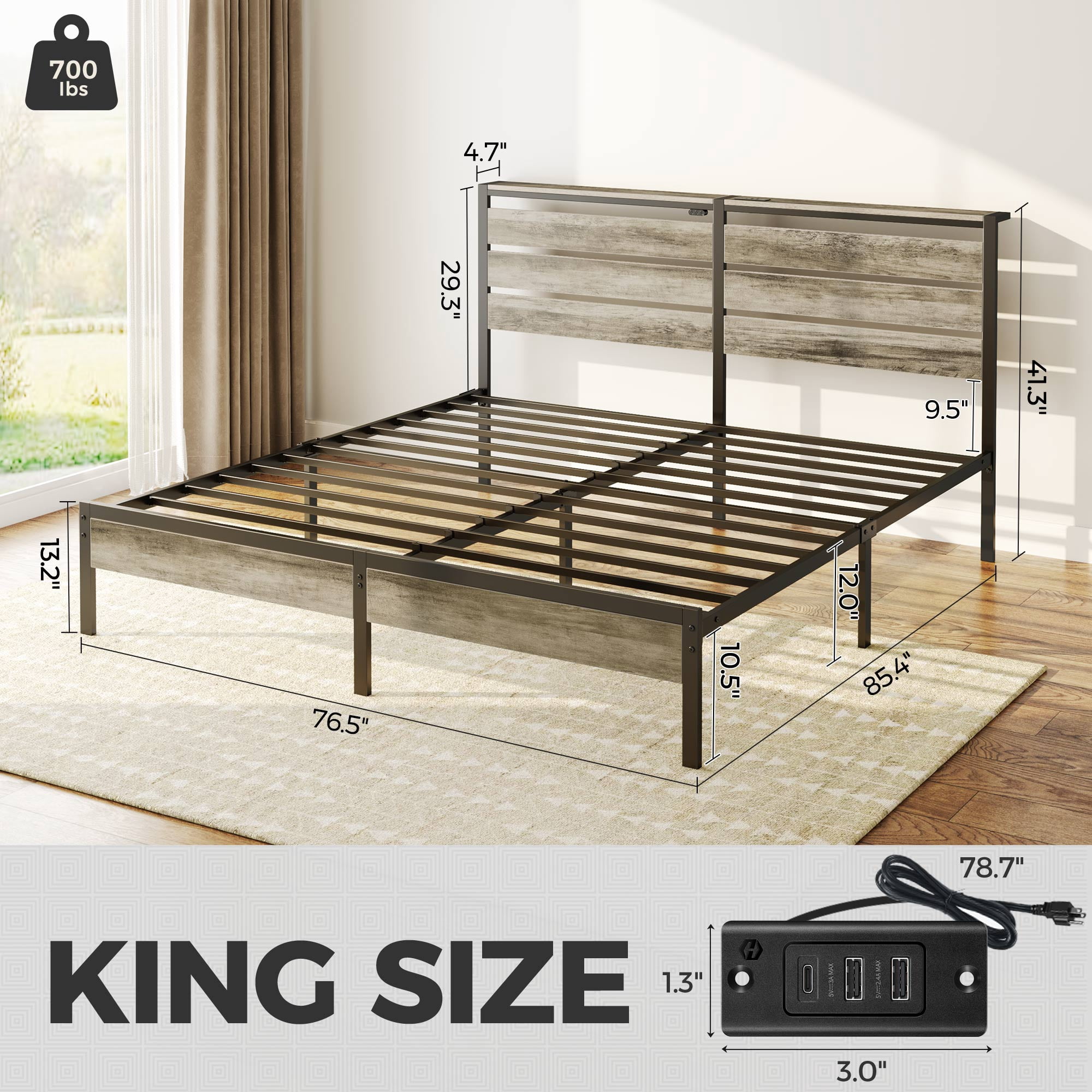 Greenstell King Size Bed Frame with Storage Headboard,Wood Platform Bed with LED Lights & USB Charging Station,Double Bed Frame with Metal Slats,Light Gray