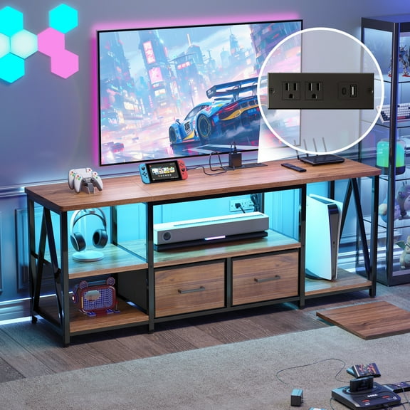 PORKISS LED TV Stand for TVs up to 65" with Open Storage Shelves and Metal Frame, LED Light Entertainment Center with Removable Shelves for Living Room, TV Console Cabinet with Power Outlets, Brown