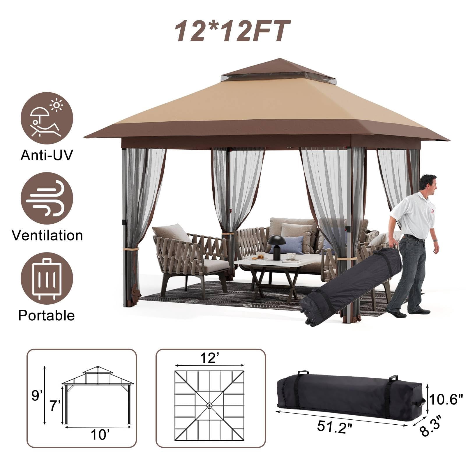Accreate 12 x 12ft Camping Pop-Up Gazebo, Double Roof Outdoor Canopy Tent Comes With Mosquito Netting, Suitable For Lawn, Patio, And Garden Relaxation
