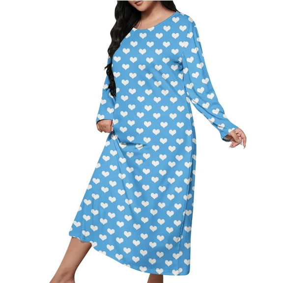 Oksale Cute Love Hearts Graphic Sleep Dress for Women Plus Size Long Sleeve Nightgowns Casual Crew Neck Night Dress for Home Ultra Soft Loose Fit Maxi Loungewear 2025 Light Blue S