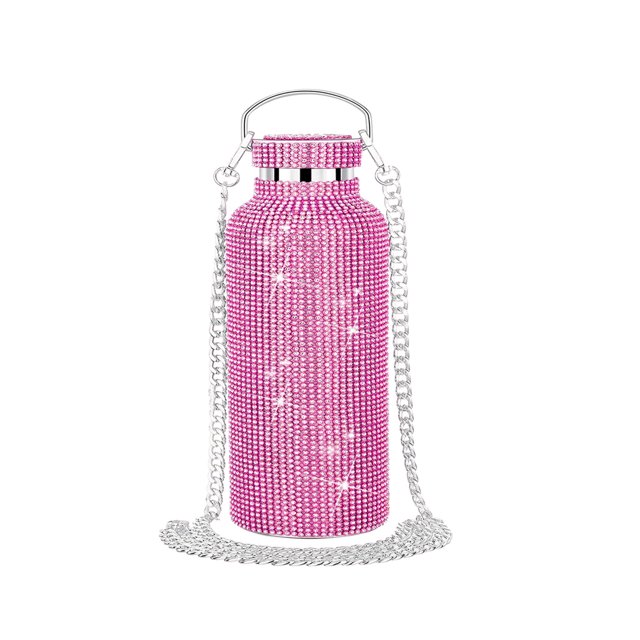 termo de diamantes de 350 ml con cadena, termo con cristales de imitación rosa, vista frontal centrada de botella térmica cilíndrica con tapa roscada y anilla; cuerpo cubierto de cristales rosa, base acanalada para estabilidad y cadena plateada larga (122 cm) para colgar; pensado como regalo para niña o mujer y a menudo usado para llevar bebidas frías o calientes en salidas cortas.