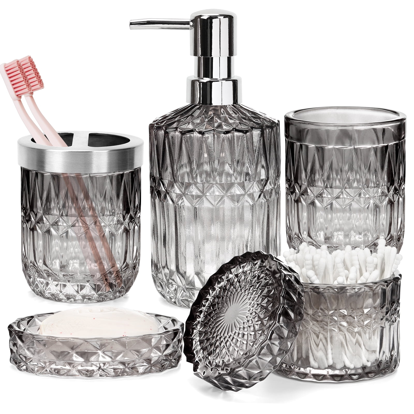 AOMOTA 5Pcs Bathroom Accessories Set, Modern Glass Bathroom Accessories with Lotion Soap Dispenser, Soap Dish, Toothbrush Holder, Tumbler, Cotton Swab Jars, Perfect for Bathroom Theme Gift,Black