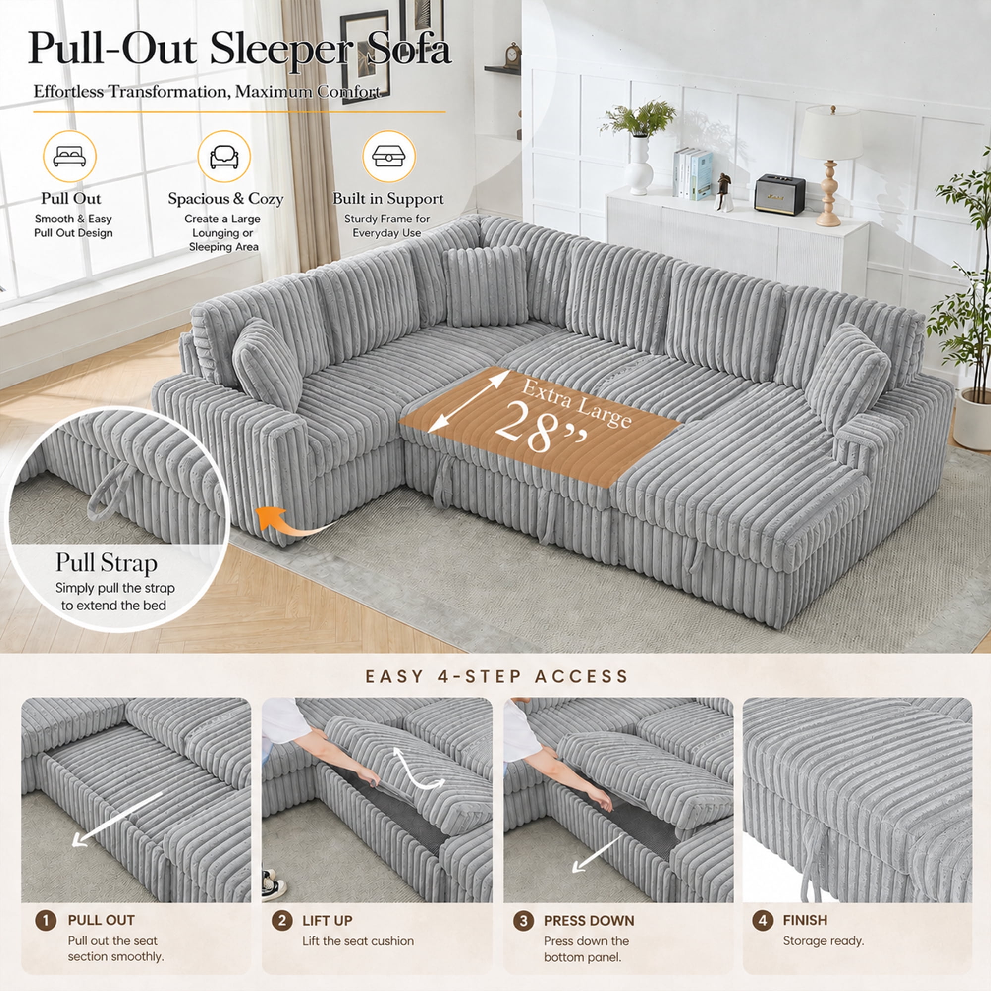 Oversized 122" U-Shaped Sectional Sleeper Sofa Bed with Pull-Out Bed,Storage Chaise,Type-C USB,Fuzzy Plush,7-Seat,Gray