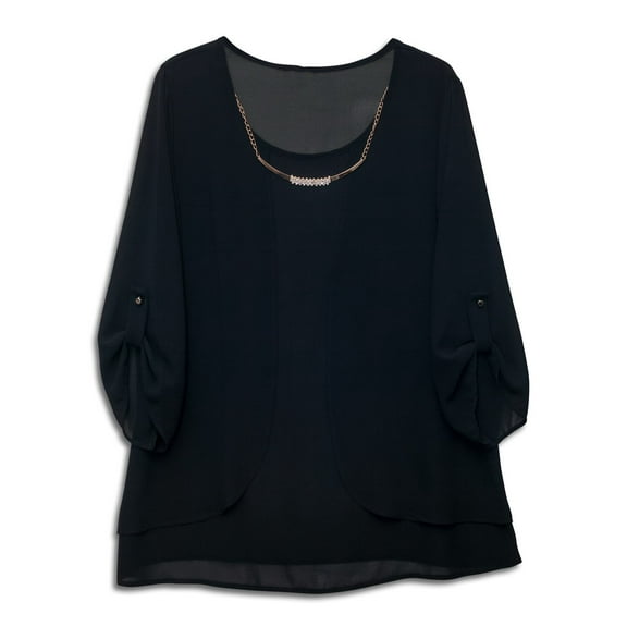 eVogues Plus size Layered Long Sleeve Chiffon Necklace Top Black