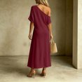 thumbnail image 5 of Women's Asymmetric One Shoulder Midi Dress, Short Sleeve High Slit Loose Solid Maxi Dress, Casual off Shoulder Flowy Long Dress for Vacation Beach Party Wine-B S(S), 5 of 5