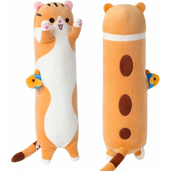 PEACHCAT Long Coussin en Peluche Chat Mignon Coussin de Corps Chaton avec Jouet en Peluche Poisson Kawaii Animal en Peluche pour Filles et Garçons Marron 19,6 Pouces