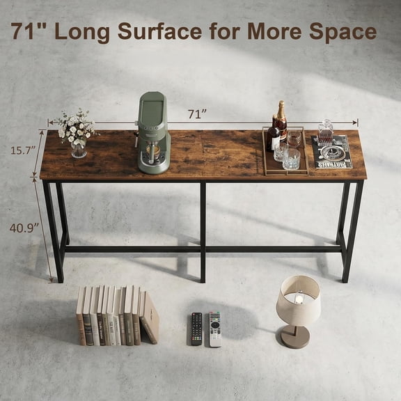 71 Inch Bar Table, Narrow Long Kitchen Dining Table with Metal Frame and Rustic Brown for Small Spaces