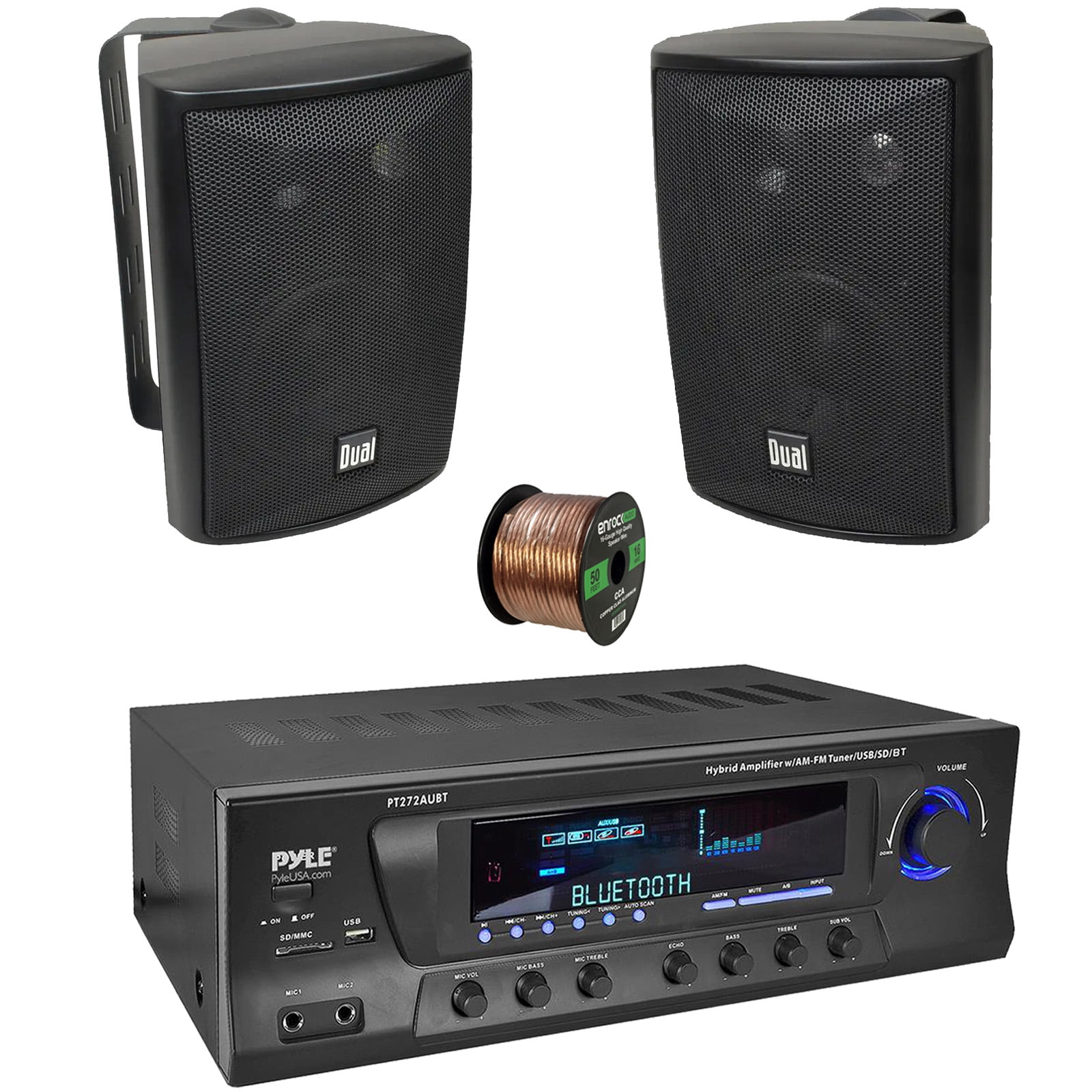 Pyle PT272AUBT High-Power 300 Watt Max Bluetooth Home Theater Amplifier Receiver with AM/FM Radio, MP3 & USB Playback, 2x 4" 200 Watts Max Power 3-Way Indoor/Outdoor Black Speakers W/50 Feet 16G Wire