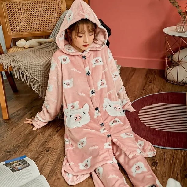 Conjunto de Pijamas de franela para Mujer, ropa de dormir con estampado Kawaii, con gorro de terciopelo, para el hogar, para Otoño e Invierno