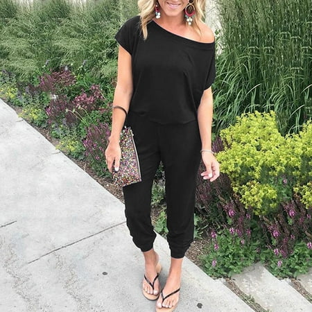 

STEADY Women Pocket Off Shoulder Short Sleeve Rompers Jumpsuit Long Playsuit XXL / Black