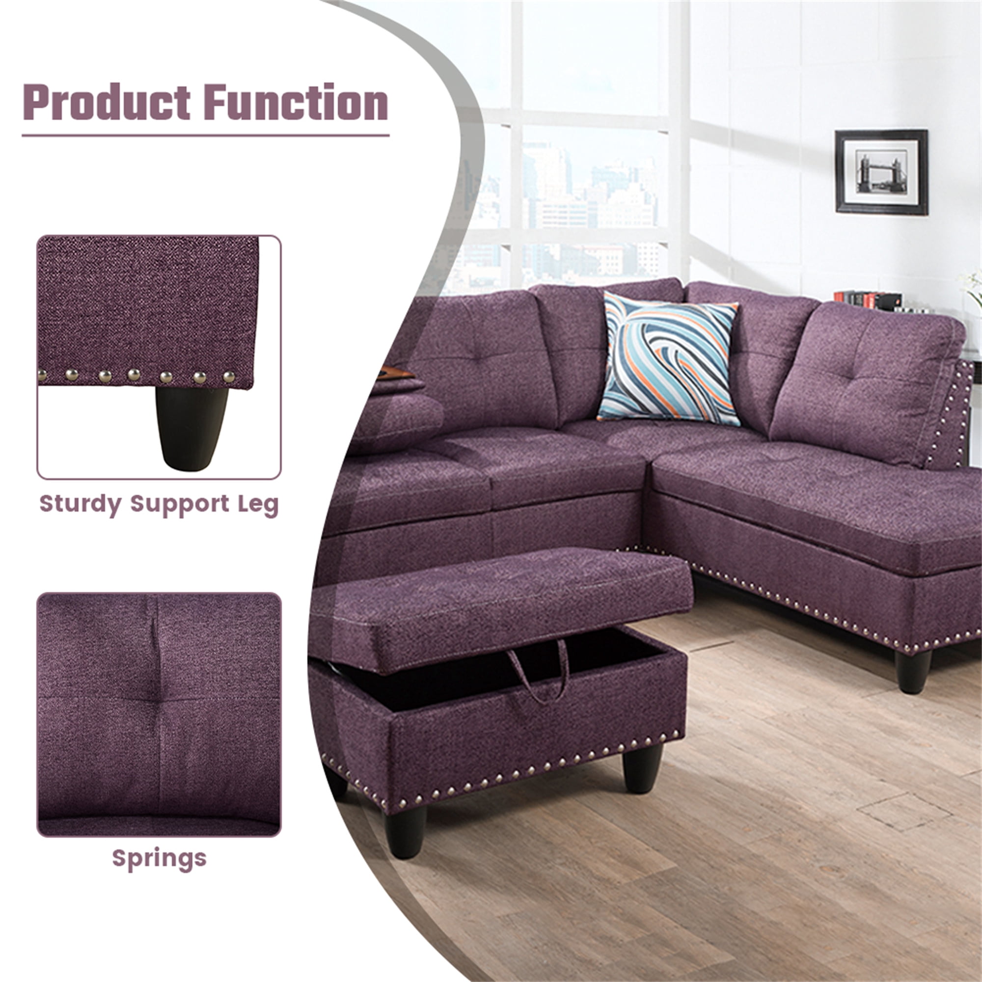 Aukfa 3 Piece Sectional Sofa, Living Room Couch with Storage Ottoman&Cup Holder, Linen, Right Hand, Purple