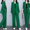 thumbnail image 5 of Quixlent 2 Pcs/Set Women Coat Pants Suit Formal Business Style Lapel Button Closure Cardigan Long Sleeve Straight Wide Leg Plus Size Commute Jacket Trousers Set, 5 of 7
