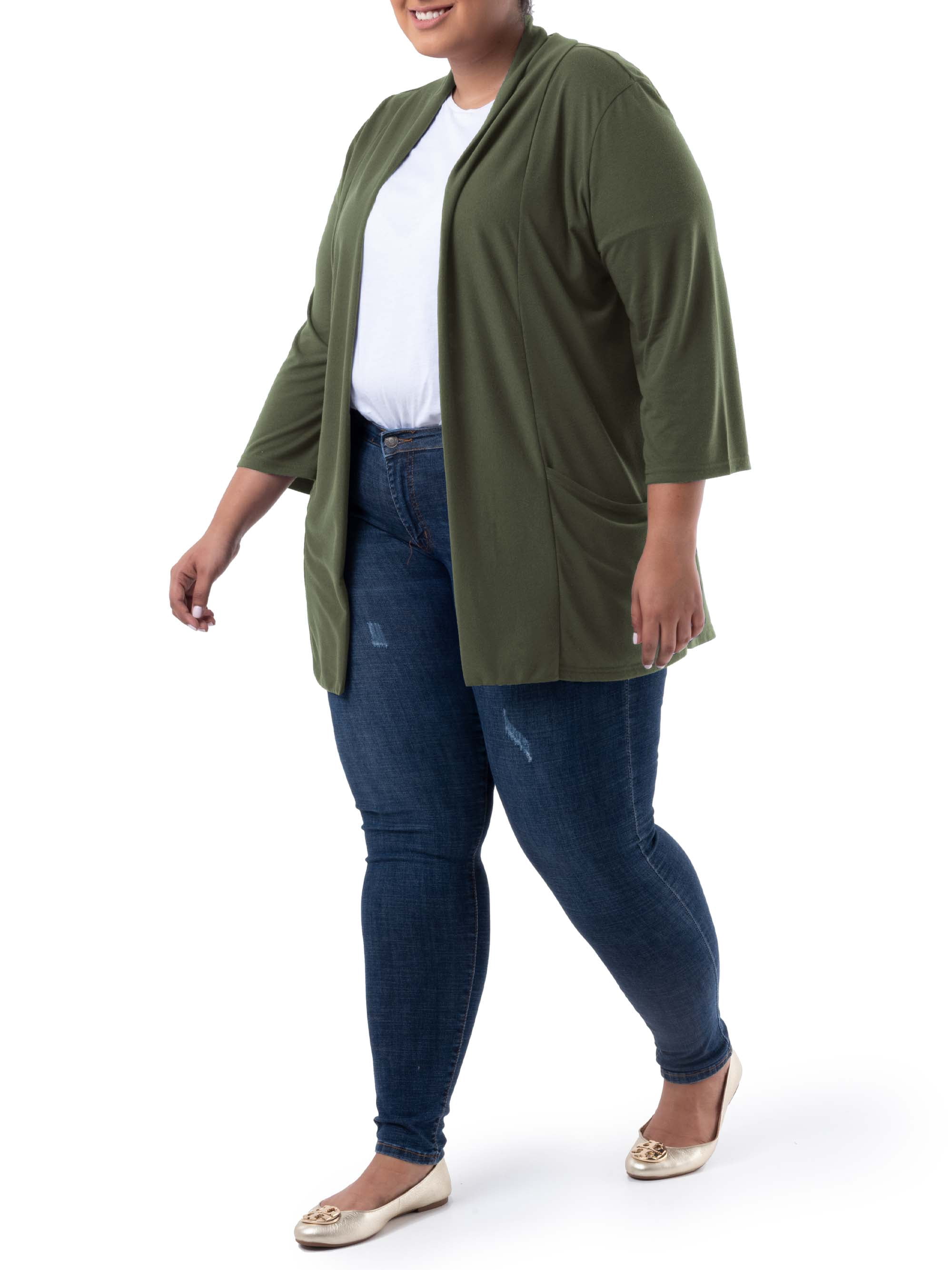 Wright's Women's Plus Size 3/4" Sleeve Draped Open Front Jersey Pocket Cardigan, 1X-5X