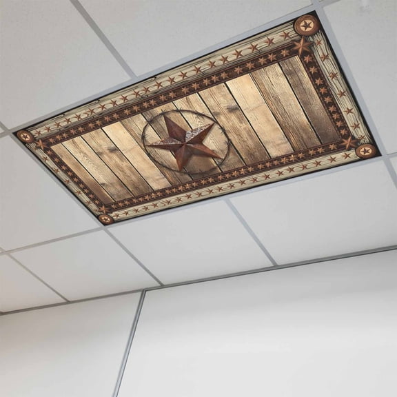 Western Farmhouse Fluorescent Light Covers, Primitive Rustic Country Retro Texas Star Magnetic Light Covers for Ceiling Lights, Fluorescent Ceiling Shade for Classroom Bedroom Office 4x2Ft x 1PCS