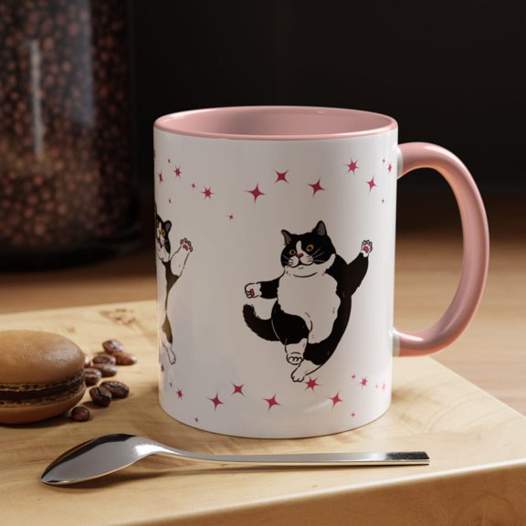 Cat Lover Mug, Cute Tuxedo Cat Coffee Cup, Unique Animal Gift, Pet Owner Mug, Whimsical Cat Mug, Cat Lady, Cat Dad,Pink Handle Mug 11oz color